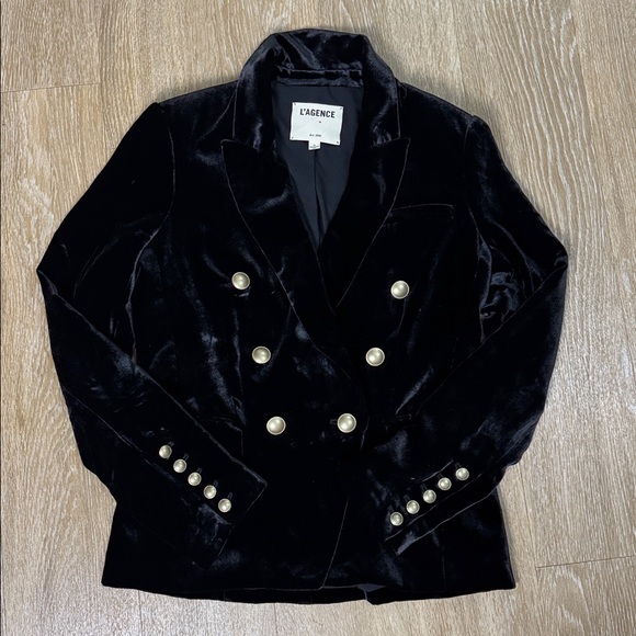 L’Agence Kenzie Black Velvet double breasted Blazer Gold Buttons Size 4 - Picture 7 of 14
